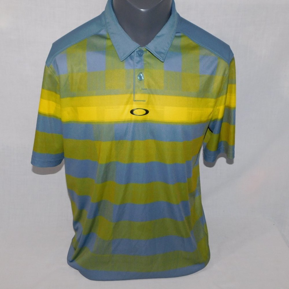 OAKLEY Yellow Gray Geometric Plaid Regular Fix Hydrolix Golf Polo Shirt Mens L